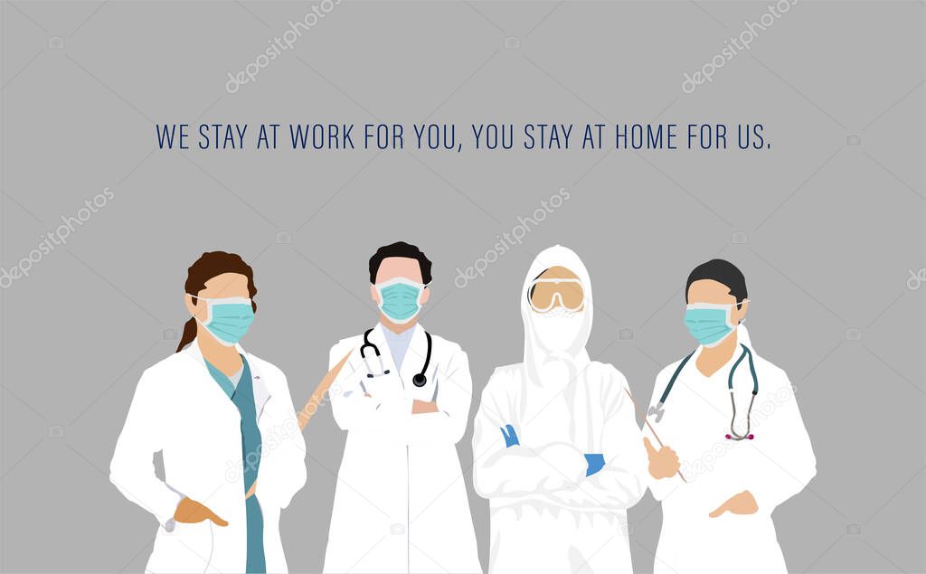 International Nurses Day poster showing a team of healthcare workers in the time of Coronavirus Pandemic. Doctor's day National. Vector Illustration