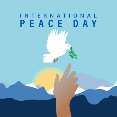 Dünya Barış Günü tebrik kartı illüstrasyonu, uluslararası sosyal yardım kavramı. Kağıt origami barış güvercini zeytin dalı uzatıyor. EPS10 vektörü.