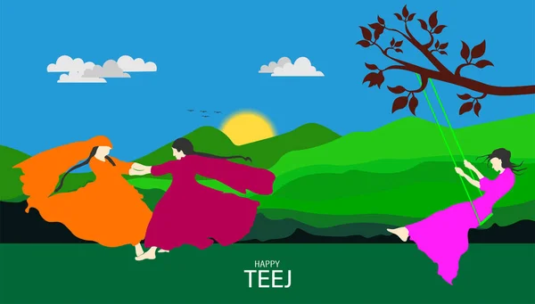 Teej Festival Indiaのベクトルイラスト 木の上で揺れる女 インドの祭りのための伝統的なMehandiデザイン — ストックベクタ