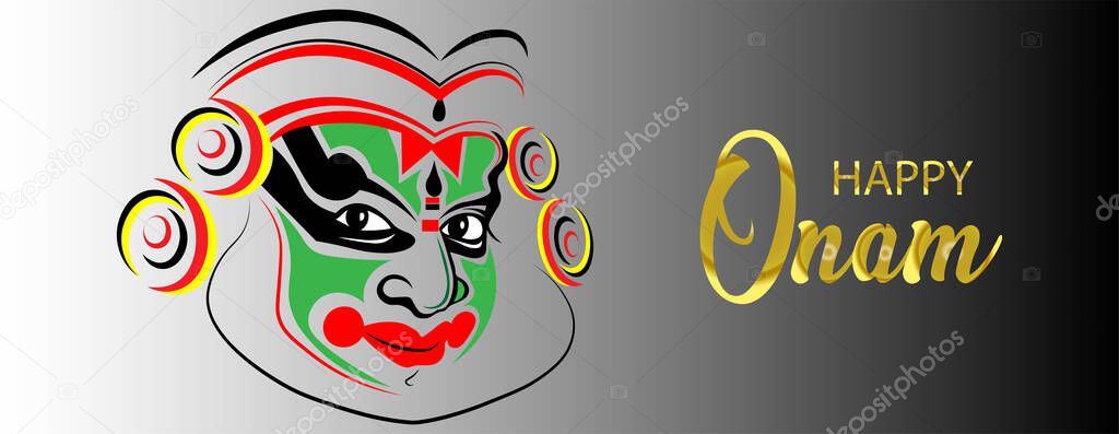 Happy Onam a very famous south indian festival of India. Kathakali Abstract Face Design or makeup hand drown minimum lines