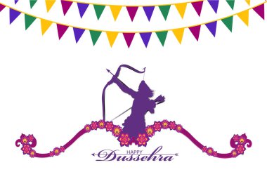 Ok, yay ve Lord Rama 'nın vektör illüstrasyonu. Ram Navami festivali için ok ve yaylı tebrik kartı. Mutlu Ram Naavami.
