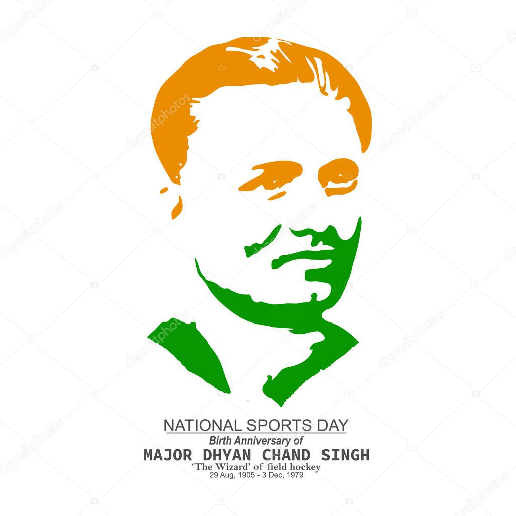 Vector Illustration of National Sports day which is celebrated on the birth anniversary of Major Dhyan Chand and flag in brush style