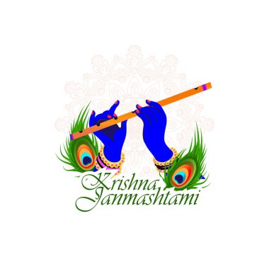 Shri Krishna Janmashtami 'nin Vektör İllüstrasyonu, Tanrı Krishna' nın doğum günü demek. Müzik aleti Bansuri ve tavus kuşu tüyü.