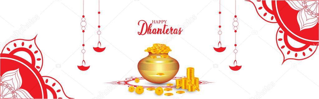 Indian holiday of Happy Dhanteras during Diwali season for prosperity.  Coin Pot on shiny floral background for Shubh Dhanteras festival