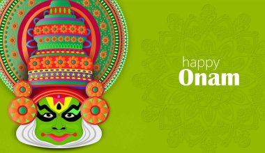 Mutlu Onam çok ünlü bir Güney Hindistan festivali. Kathakali, Kerala Hindistan 'ın klasik dansını tasarladı.