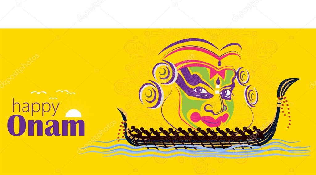 Happy Onam a very famous south indian festival of India. Kathakali face vector design a classical dance of Kerala India