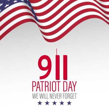 İkiz Kuleli New York City Skyline 'ı. 09.11.2001 Amerikan Vatanseverlik Günü bayrağı. Vektör çizimi. ABD Vatanseverlik Günü afişi. Dünya Ticaret Merkezi.