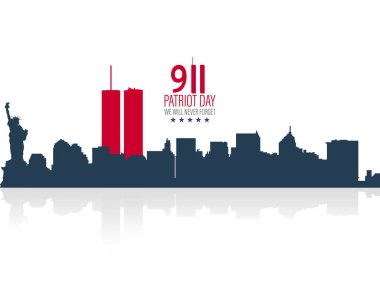 İkiz Kuleli New York City Skyline 'ı. 09.11.2001 Amerikan Vatanseverlik Günü bayrağı. Vektör çizimi. ABD Vatanseverlik Günü afişi. Dünya Ticaret Merkezi.