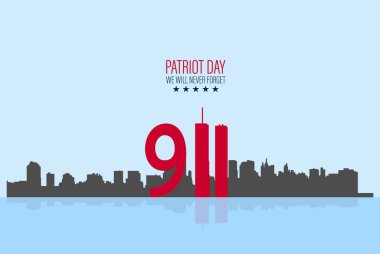 İkiz Kuleli New York City Skyline 'ı. 09.11.2001 Amerikan Vatanseverlik Günü bayrağı. Vektör çizimi. ABD Vatanseverlik Günü afişi. Dünya Ticaret Merkezi.