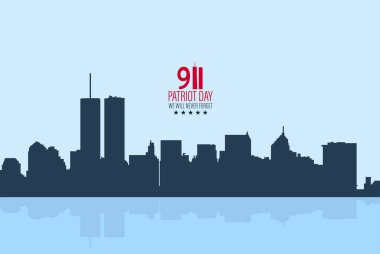 İkiz Kuleli New York City Skyline 'ı. 09.11.2001 Amerikan Vatanseverlik Günü bayrağı. Vektör çizimi. ABD Vatanseverlik Günü afişi. Dünya Ticaret Merkezi.