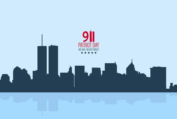 İkiz Kuleli New York City Skyline 'ı. 09.11.2001 Amerikan Vatanseverlik Günü bayrağı. Vektör çizimi. ABD Vatanseverlik Günü afişi. Dünya Ticaret Merkezi.
