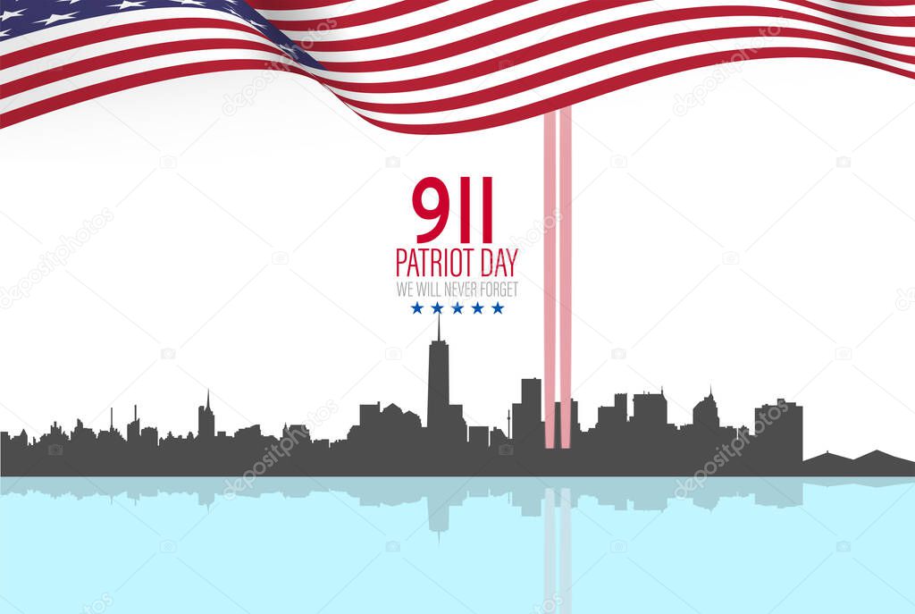 New York City Skyline with Twin Towers.  09.11.2001 American Patriot Day anniversary banner. Vector illustration. USA Patriot Day banner. World Trade Center.