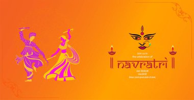 Navratri, Tanrıça Durga için düzenlenen dokuz günlük bir festivaldir. Durga Puja kutlama posteri. Graba dansı ve Dandiya gecesi soyutlaması.