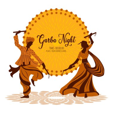 Navratri, Tanrıça Durga için düzenlenen dokuz günlük bir festivaldir. Durga Puja kutlama posteri. Graba dansı ve Dandiya gecesi soyutlaması.