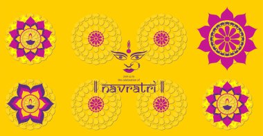 Navratri, Tanrıça Durga için düzenlenen dokuz günlük bir festivaldir. Durga Puja kutlama posteri. Graba dansı ve Dandiya gecesi soyutlaması.