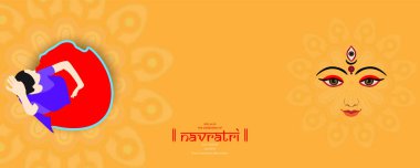 Navratri, Tanrıça Durga için düzenlenen dokuz günlük bir festivaldir. Durga Puja kutlama posteri. Graba dansı ve Dandiya gecesi soyutlaması. Pankart tasarımı.