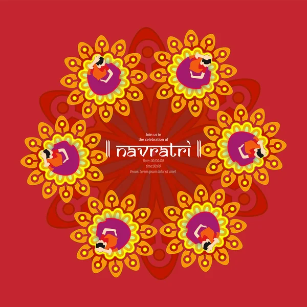 Navratri, Tanrıça Durga için düzenlenen dokuz günlük bir festivaldir. Durga Puja kutlama posteri. Graba dansı ve Dandiya gecesi soyutlaması. Pankart tasarımı.