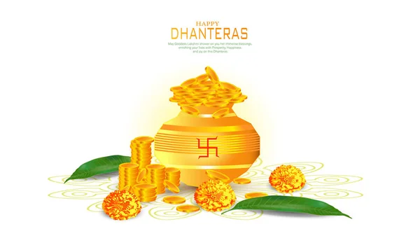 Фестивальная Карта Dhanteras Золотой Монетой Горшочке Золотым Узором Красным Цветом — стоковый вектор