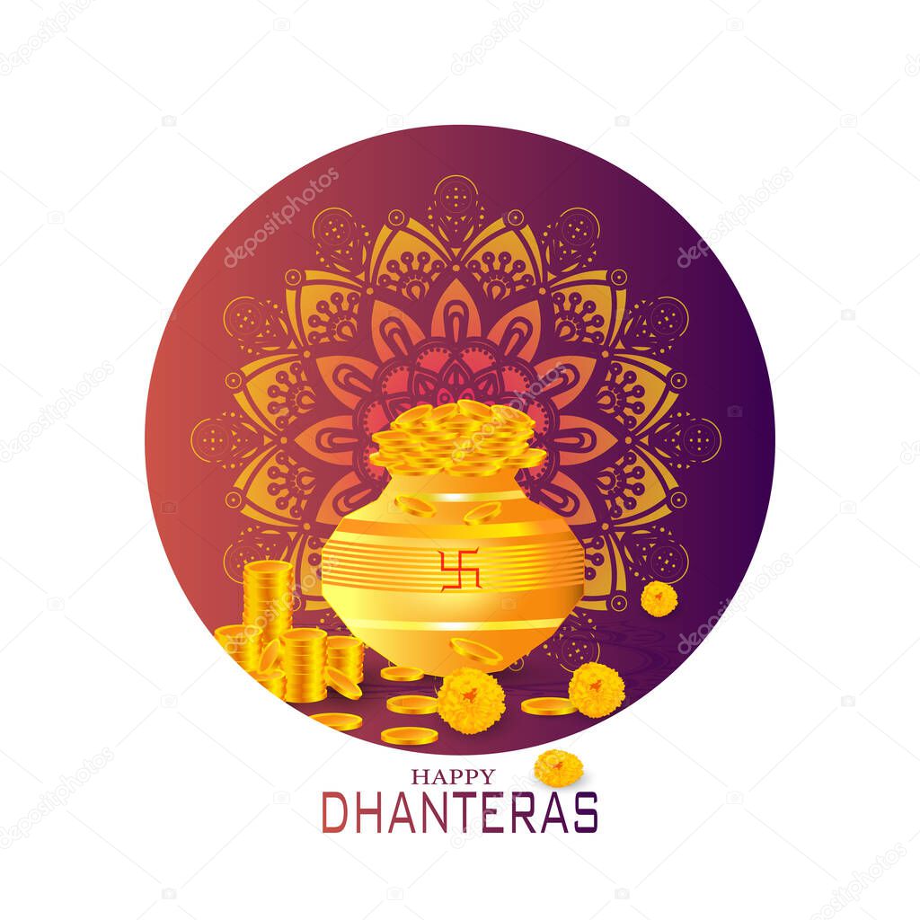 Dhanteras festival card with Gold coin in pot golden patterned and red color Background. Vector Illustration.