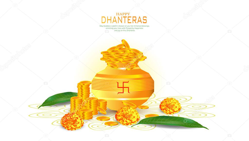 Dhanteras festival card with Gold coin in pot golden patterned and red color Background. Vector Illustration.