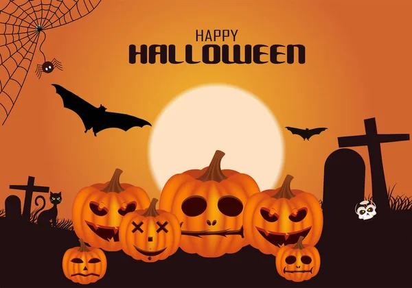 Feliz Halloween Casa Brujas Calabaza Árbol Luna Con Cara Feliz — Vector de stock