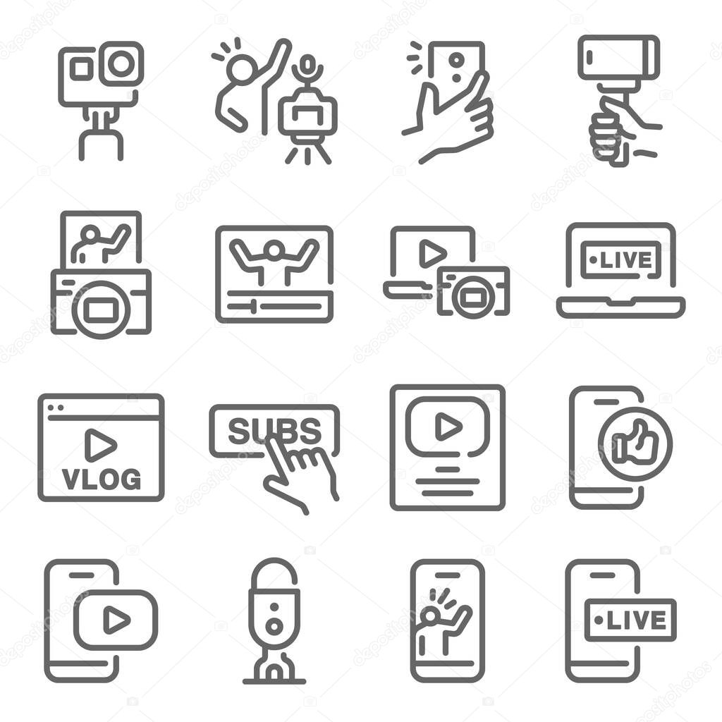 Influencer Vlog icon set vector illustration. Contains such icon as Micro influencer, Social media, Selfie, Live, Creator and more. Expanded Stroke