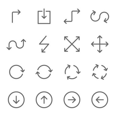 Ok simgesi vektör çizimi. Gezinme, Yenileme, Ölçek, Genişleme, İndirme, Yön ve daha fazlası gibi simgeleri içerir. Genişletilmiş Vuruş