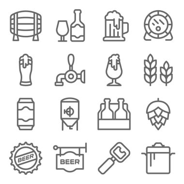 El işi bira sembolü vektör illüstrasyonunu ayarla. İçinde Hops Brewing, Barley, Brew pot, Ale, Bira Fabrikası, Bira Paketleri ve daha fazlası gibi ikonlar var. Genişletilmiş Vuruş