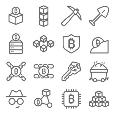 Blockchain simgeleri vektör illüstrasyonunu ayarlar. Kripto para birimi, Dig, Gizli anahtar, veritabanı ve daha fazlası gibi simgeler içerir. Genişletilmiş Vuruş
