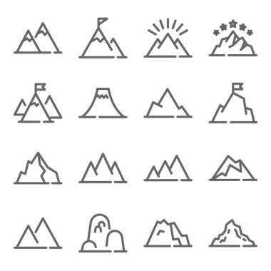 Dağ vektör resmetme seti. Hill, Adventure, Peak, Mountain, Mount, yüksekliği, düşüşü, Rocky gibi ikonları içerir. Genişletilmiş Vuruş