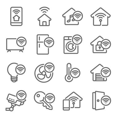 Akıllı Ev simgesi vektör çizimi. Smart TV, Smart Light, Safety House, Isı Kontrolü, Elektrik Ekipmanı ve daha fazlası gibi ikonlar içeriyor. Genişletilmiş Vuruş