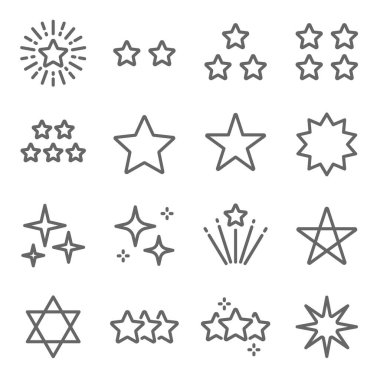 Yıldız vektör resmetme seti. Derecelendirme, Parlatıcı, İnceleme, Havai fişek, Parıltı, Parıltı, Parıltı, Yıldızlı Gece ve daha fazlası gibi simgeler içerir. Genişletilmiş Vuruş