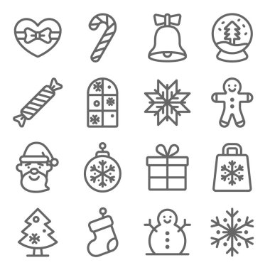 Noel simgeleri vektör illüstrasyonunu ayarlar. İçinde Noel Baba, zencefilli ekmek, Noel ağacı, Kardan Adam, Kış ve daha fazlası gibi ikonlar var. Genişletilmiş Vuruş