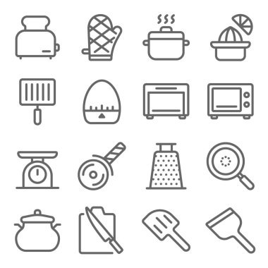 Mutfak donanımı simgeleri vektör illüstrasyonunu ayarlar. Bıçak, Portakal sıkacağı, Pan, Zamanlayıcı ve daha fazlası gibi simgeler içeriyor. Genişletilmiş Vuruş