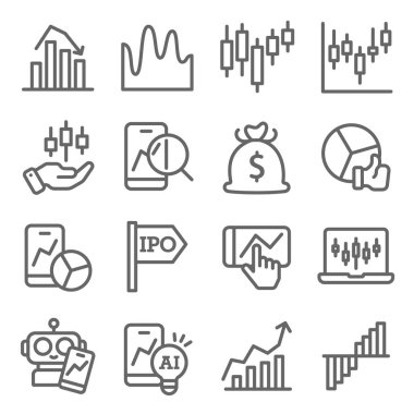 Borsa simgeleri vektör illüstrasyonunu ayarladı. Candle Graph, AI, IPO, Investment ve daha fazlası gibi simgeler içerir. Genişletilmiş Vuruş
