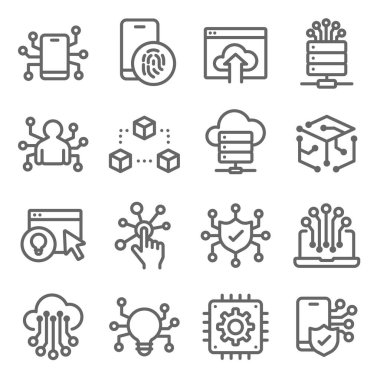 Teknoloji simgeleri vektör illüstrasyonunu ayarladı. Makine öğrenme, Algoritma, Bulut Ağı, Otomasyon, Analizci ve daha fazlası gibi simgeleri içerir. Genişletilmiş Vuruş