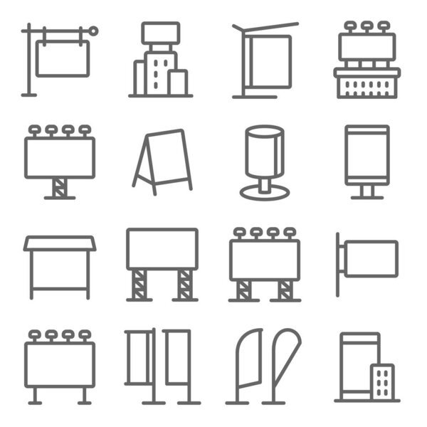 Digital Advertise Media icons set vector illustration. Contains such icon as Advertising, Poster, Billboard, Signage, Ads and more. Expanded Stroke