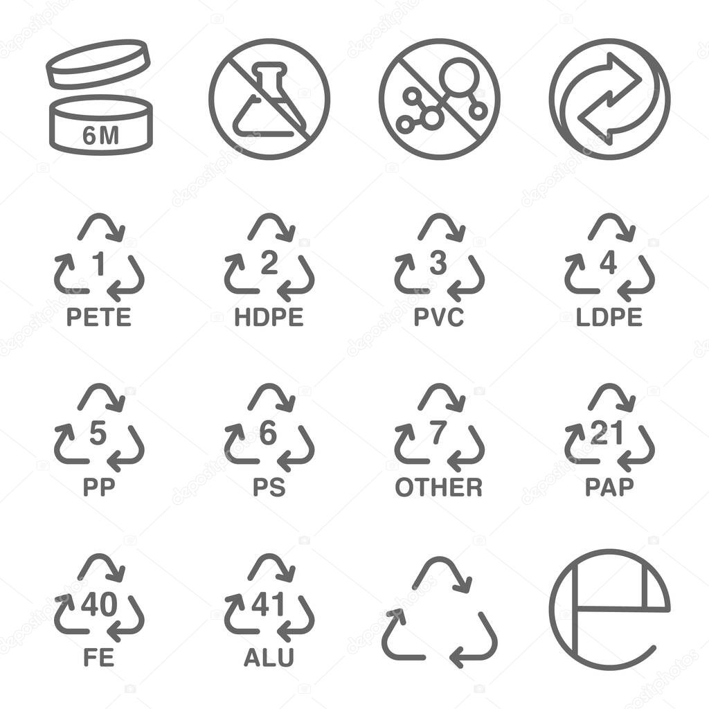 Cosmetic packaging symbol icon set vector illustration. Contains such icon as recycling, Ferrum, period, plastic, After opening, laboratory and more. Expanded Stroke