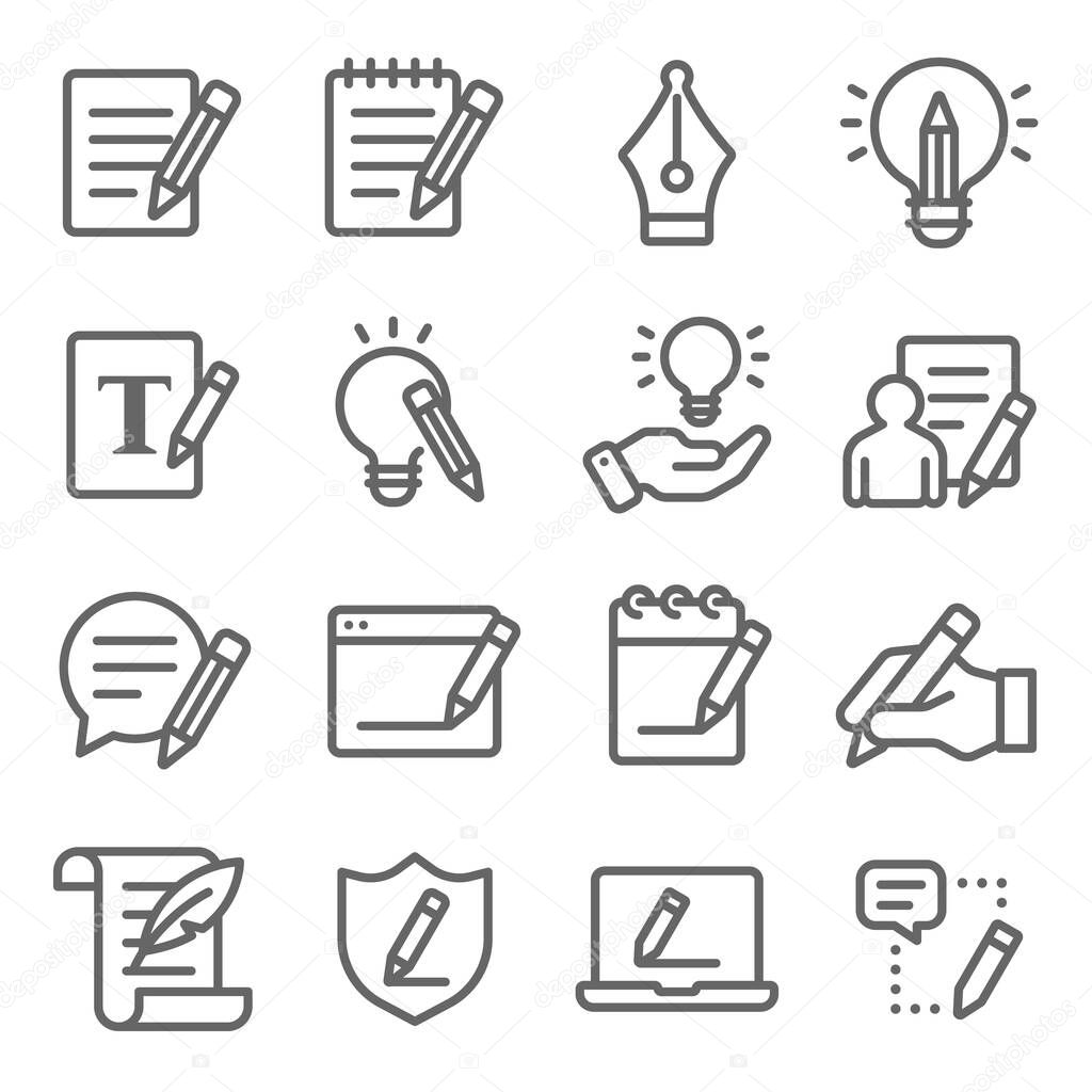 Copywriting icons set vector illustration. Contains such icon as content, writing, ideation, storytelling, editing and more. Expanded Stroke