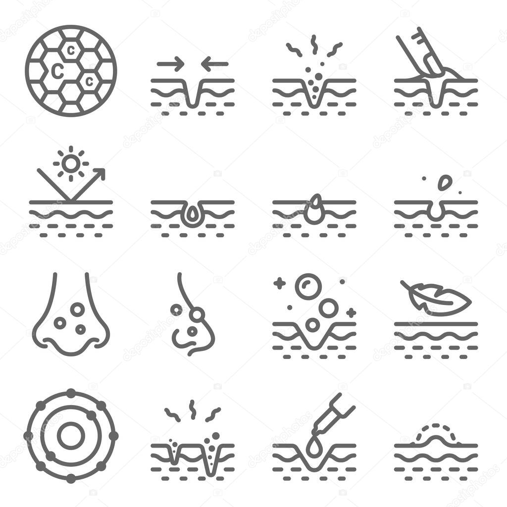Skin Acne Vector Line Icon Set. It contains such Icons as Skin Care, Relax, Dermatology, Sunblock, Treatment, Pimple and more. Expanded Stroke
