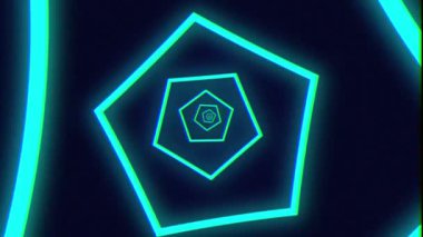 Beşgenin neon ışıklı fütüristik tüneldeki canlandırmasıyla soyut arkaplan. 