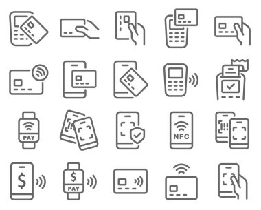 Temassız nakitsiz toplum simgesi vektör çizimi. Tarama QR kodu, NFC, Kredi Kartı, Barkod, POS, Güvenlik Koruması ve daha fazlası gibi simgeler içerir. Genişletilmiş Vuruş