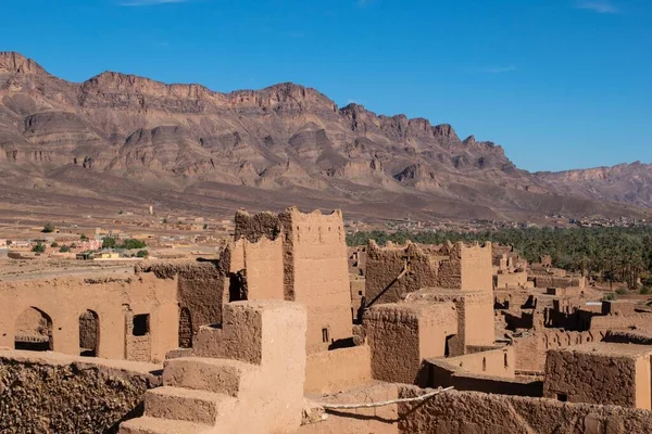 Old Kasbah Town Oasis Next Mountains Moroccan Side Sahara Desert — Stock Photo, Image