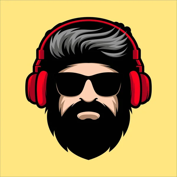 Beard Man Glasses Headphone Mascot Illustration — Stockový vektor