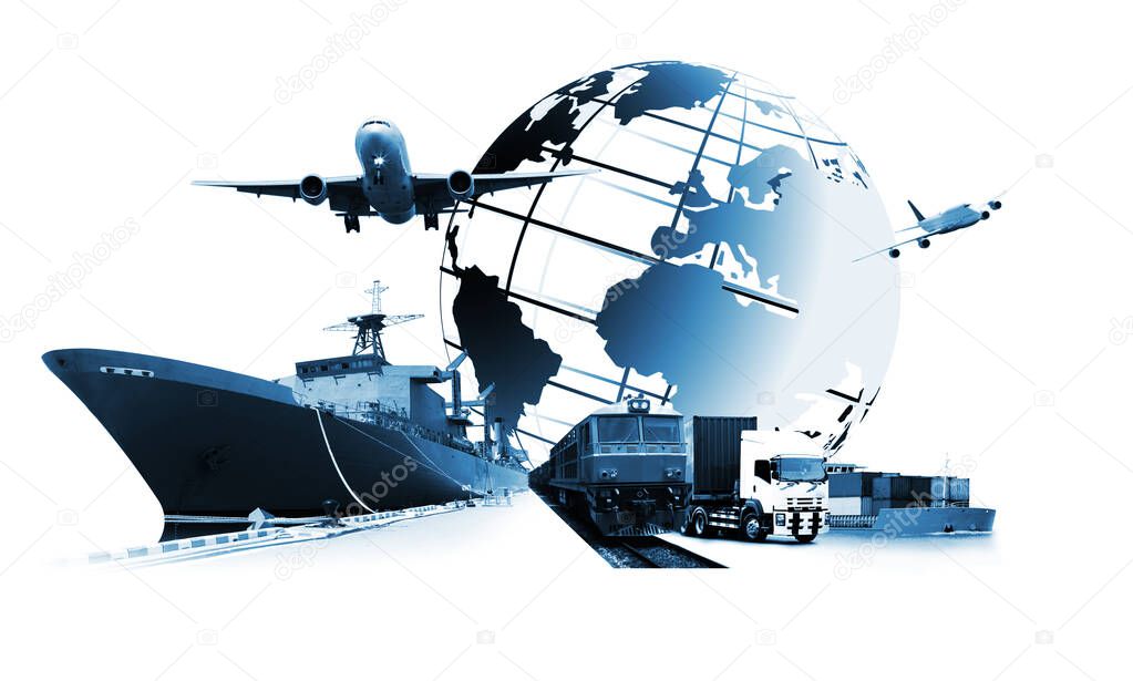 The world logistics , there are world map with logistic network distribution on background and Logistics Industrial Container Cargo freight ship for Concept of fast or instant shipping