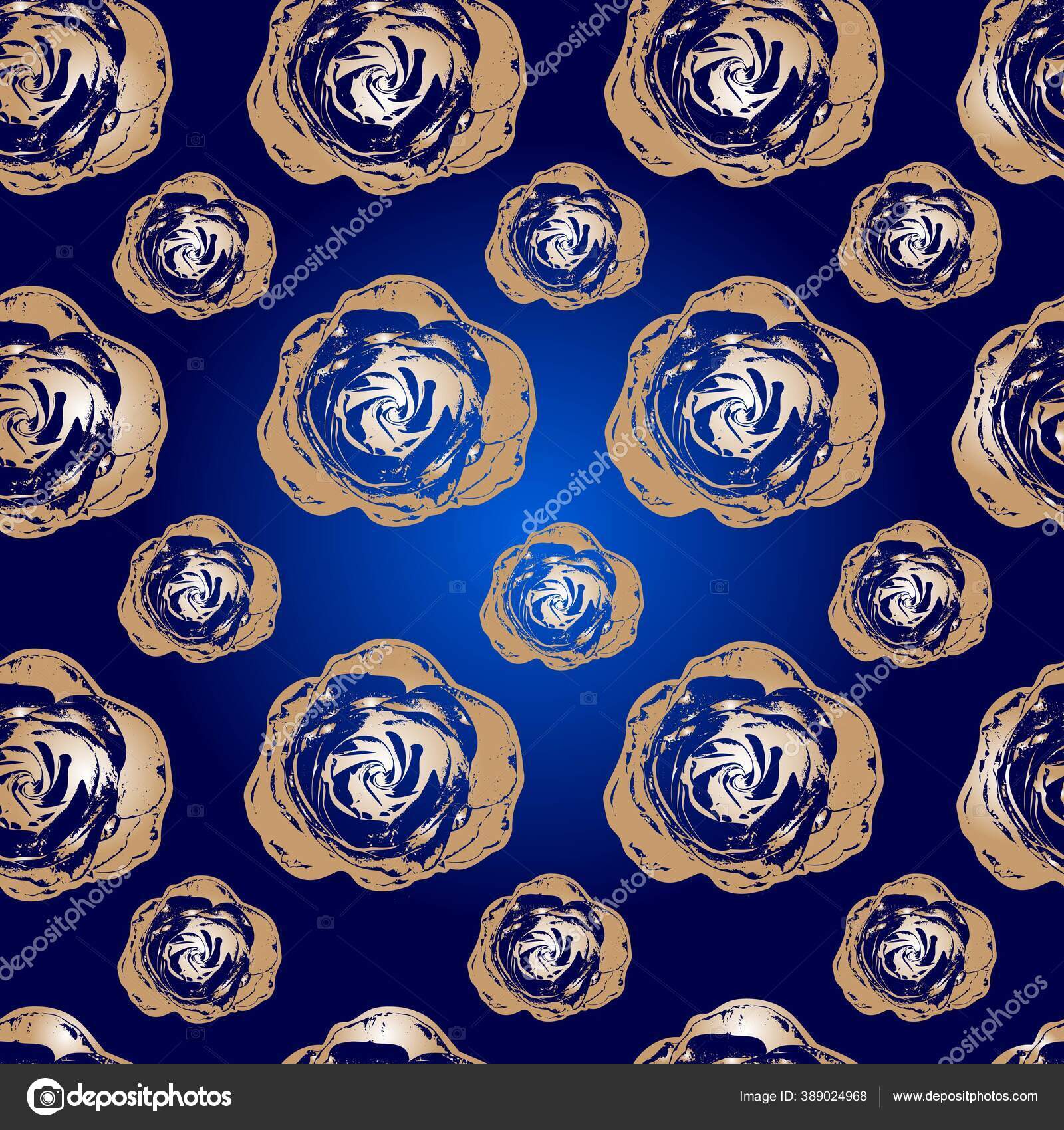 蓝色背景的金色玫瑰无缝隙的背景植物图案该图案可用于织物墙纸或包装纸 图库矢量图像 C Inna Yatsuk