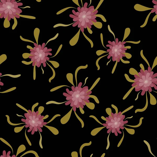 Розовые Фантазии Цветы Оливковыми Листьями Черном Фоне Выразительны Цветочный Шаблон — стоковый вектор