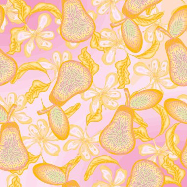    Parlak renklerde armut ve çiçeklerle sonbahar motifleri, kusursuz vektör desenleri. Kapak, kart, kumaş, ambalaj kağıdı ve duvar kağıdı tasarımınız için..