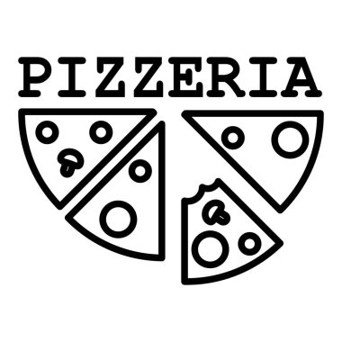 Pizzacı logosu çizimi. Pizzacı ya da restoran menüsü için logo tasarımı. Pizzanın doğrusal çizimi ve harfleri beyaz arka planda izole edilmiş..