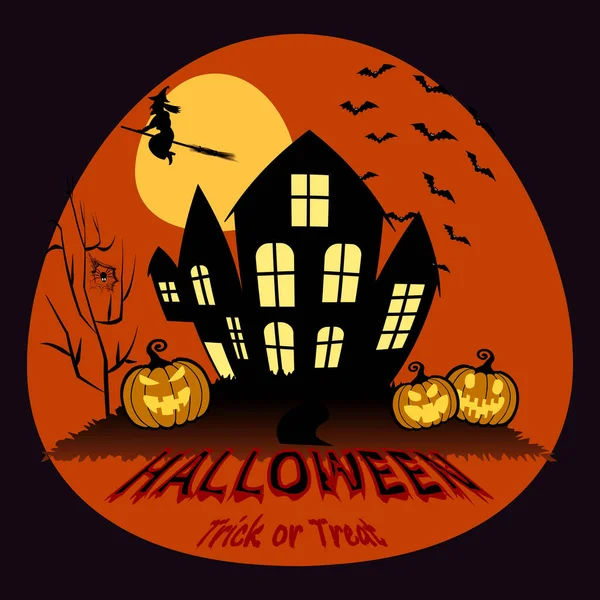 Illustrazione Vettoriale Halloween Fondo Tradizionale Con Zucche Pipistrelli Strega Manico — Vettoriale Stock